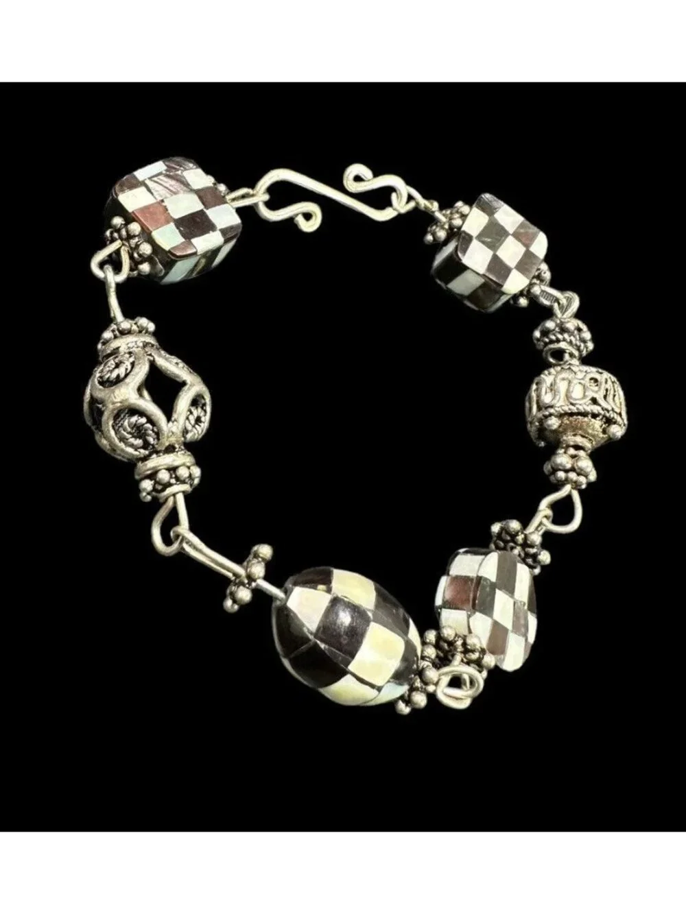Bracelet Vintage Sterling Silver Geometric Multi Gemstone Inlay Panel Link